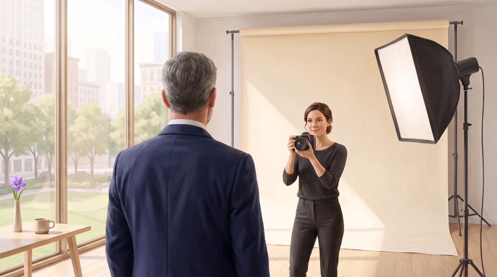 An executive in a sunlit studio overlooking the city