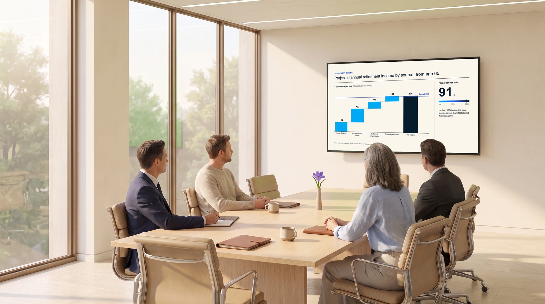 A couple reviewing their projected retirement income with two advisors