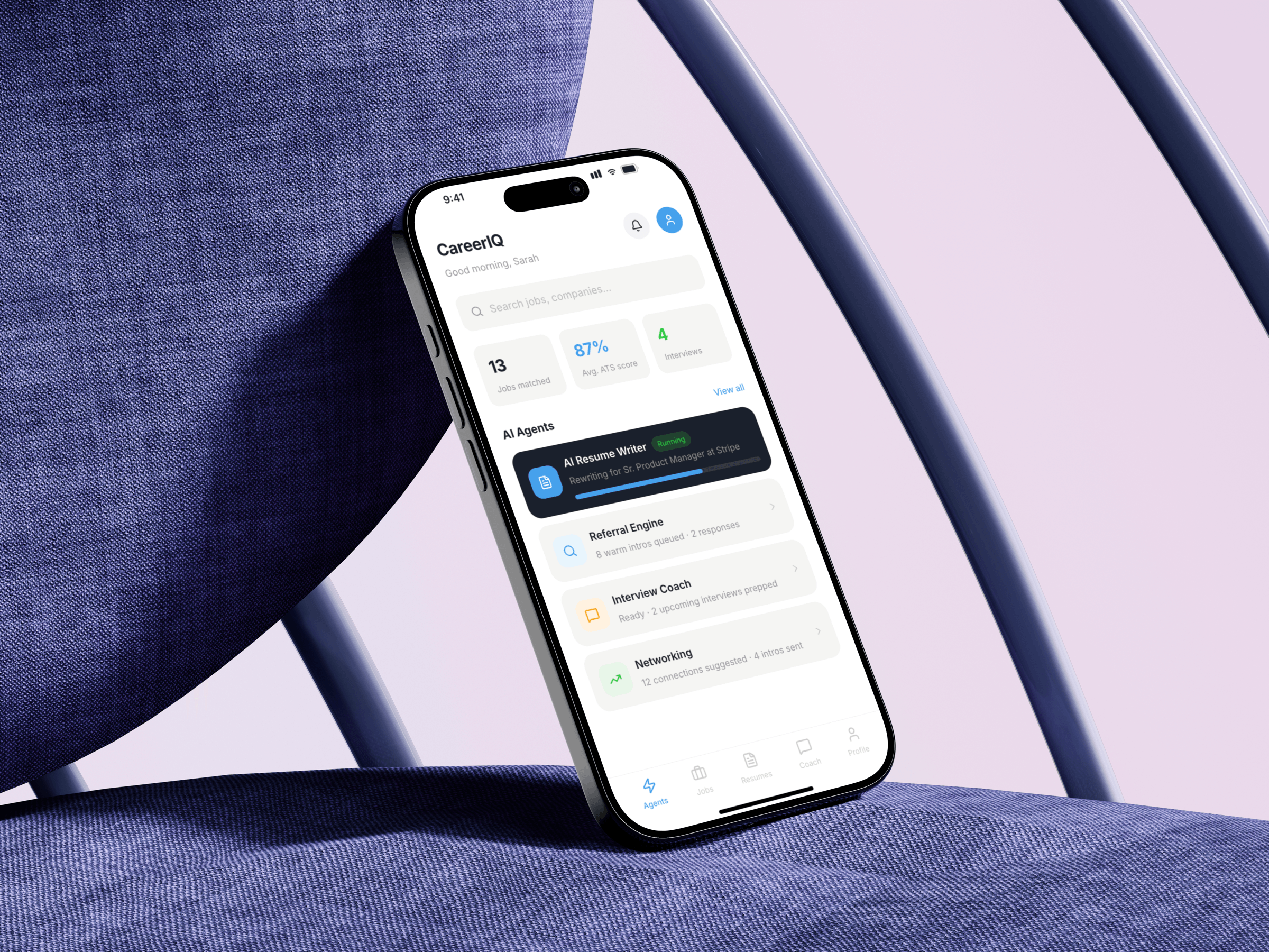 CareerIQ app showing AI-powered job search tools