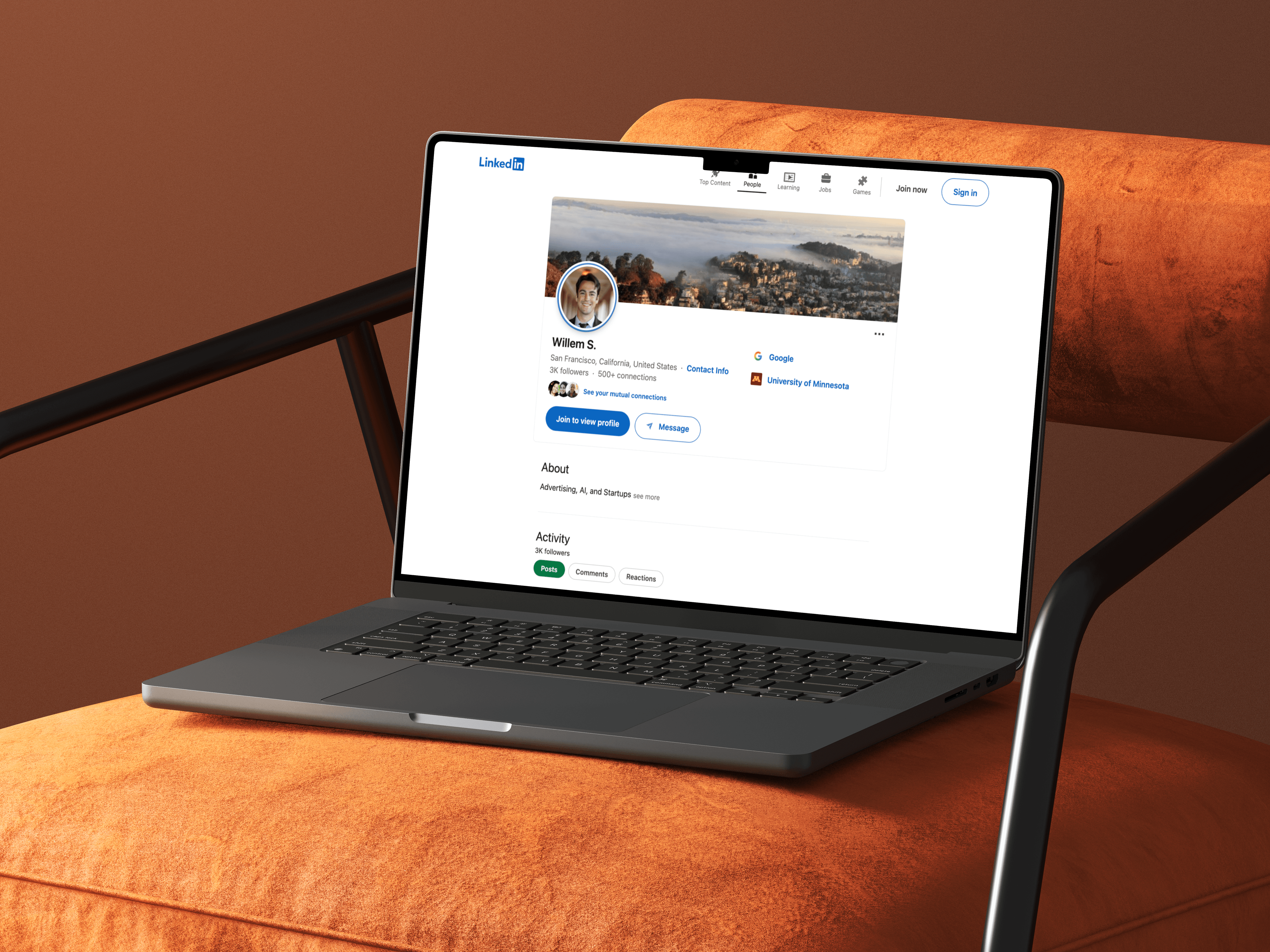 LinkedIn profile optimization shown on a MacBook