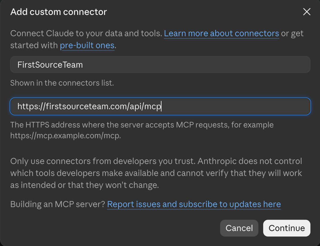 Claude's Add custom connector dialog with the name FirstSourceTeam and the URL https://firstsourceteam.com/api/mcp