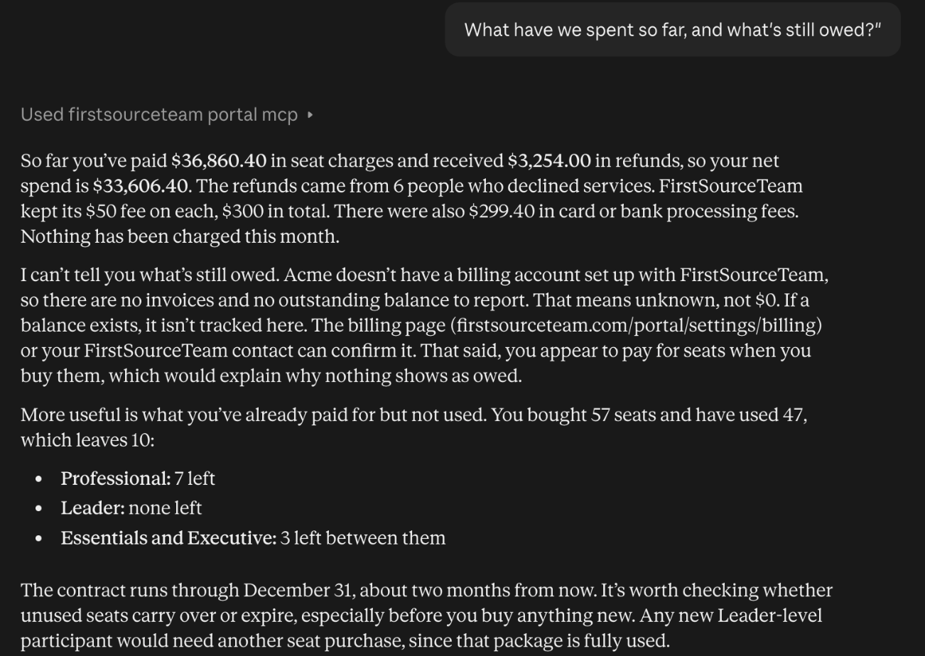 Claude answering 'What have we spent so far, and what's still owed?' using the FirstSourceTeam connector